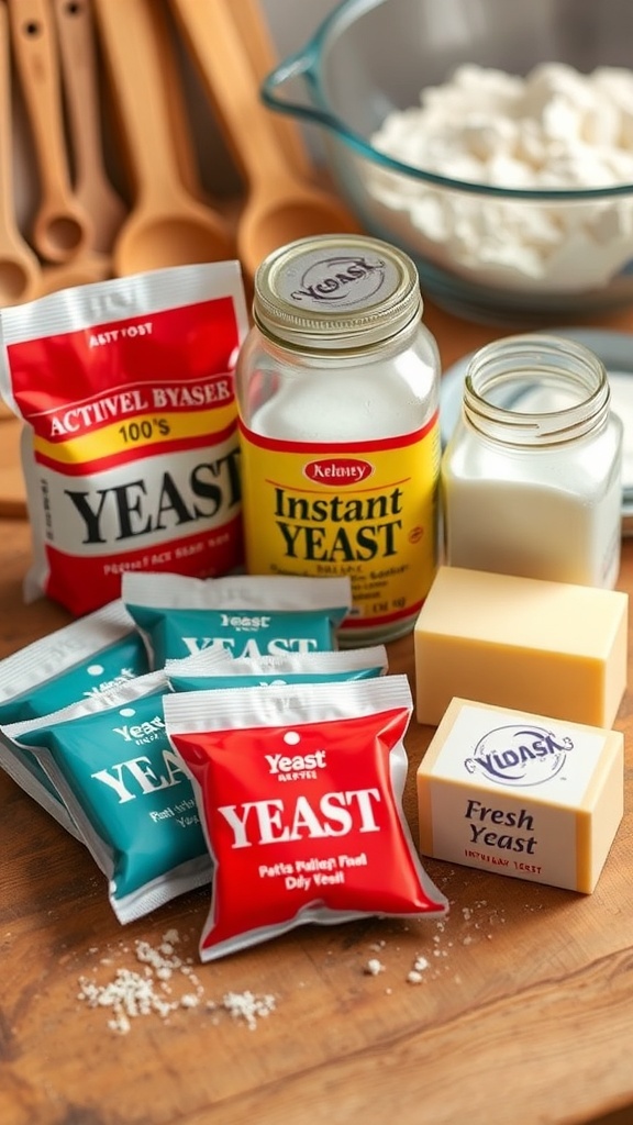 Understanding Yeast Measurements for Baking Different types of yeast including active dry, instant, and fresh yeast on a kitchen counter.